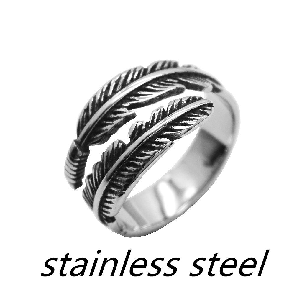 Black retro personality ring female opening feather ring - Minihomy