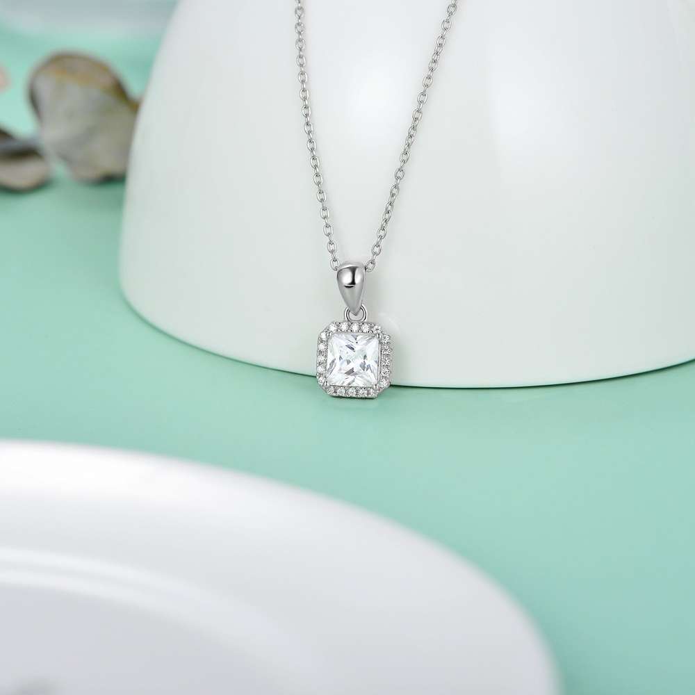 925 Sterling Silver Cushion Cubic Zirconia Halo Princess Square Cut CZ 5A Solitaire Necklace - Minihomy