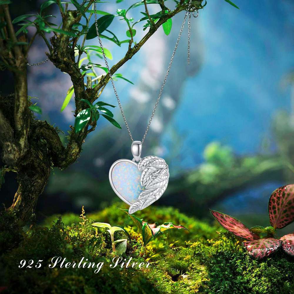 925 Sterling Silver  Angel Wing Heart Opal Guardian Dainty Rainbow Pendant Necklace Jewelry - Minihomy