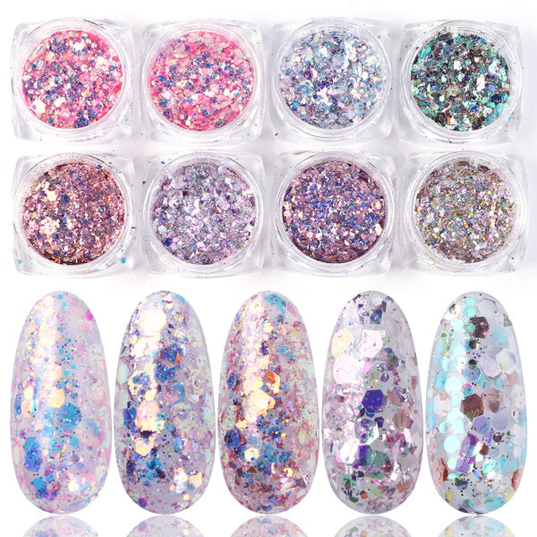 8 Box Mix Glitter Nail Art Powder Flakes Set - Minihomy