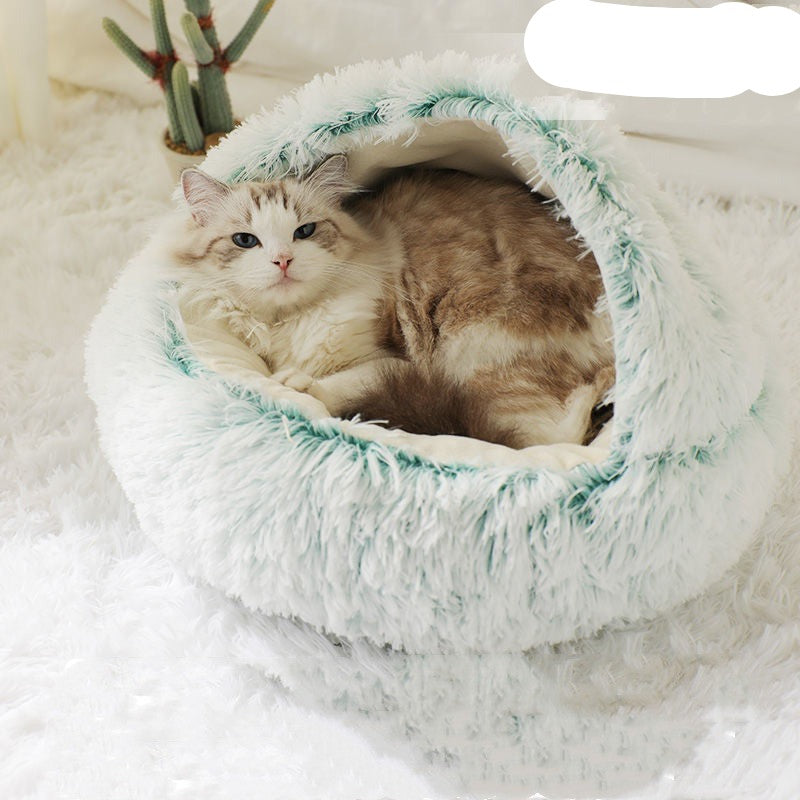 Pet Bed Round Plush Warm Bed House Soft Long Plush Bed  2 In 1 Bed - Minihomy