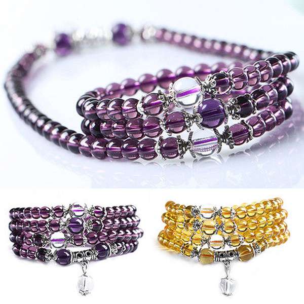 Amethyst Crystal Stone 108 Buddhist Prayer  Beads Mala Bracelet Necklace - Minihomy