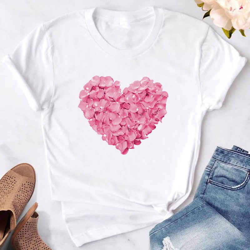 Pink heart-shaped flower print women's t-shirt - Minihomy