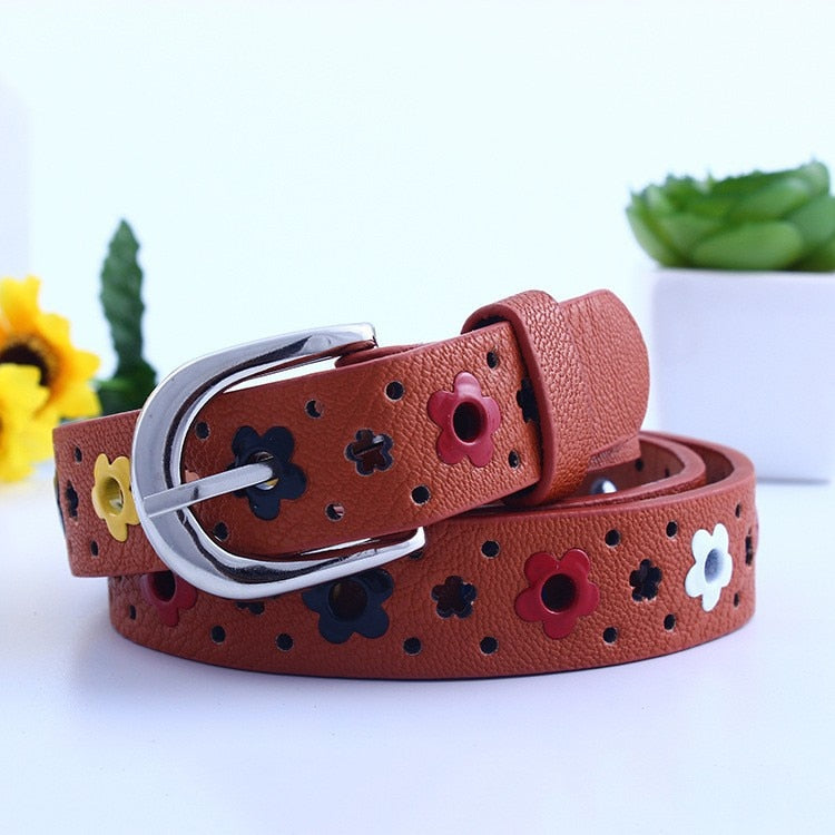 Leather belts women flower buckle belt Kids Waist Belt - Minihomy