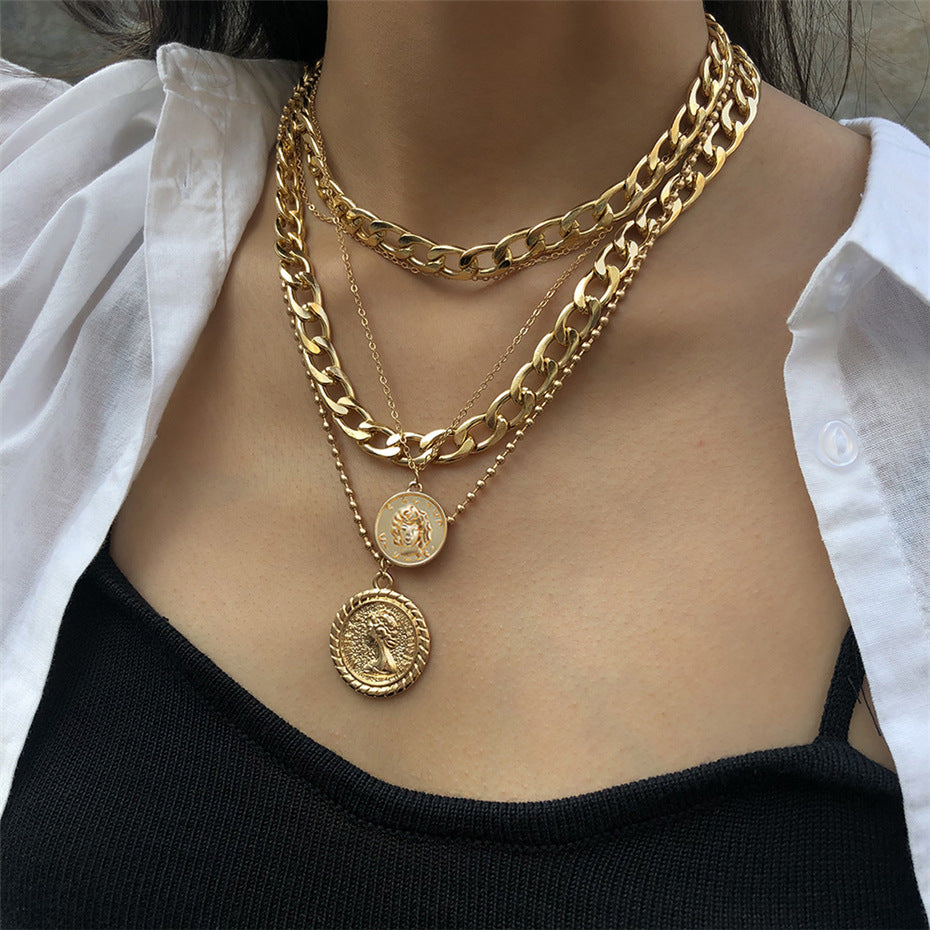 Multi-layered Necklace Medal Hip Hop Pendant Necklace