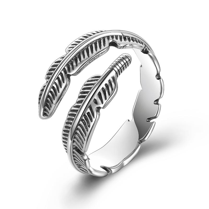 Leaf Feather Adjustable Ring Sterling Silver Open Ring Adjustable Band Ring Christmas Jewelry for Women Men - Minihomy