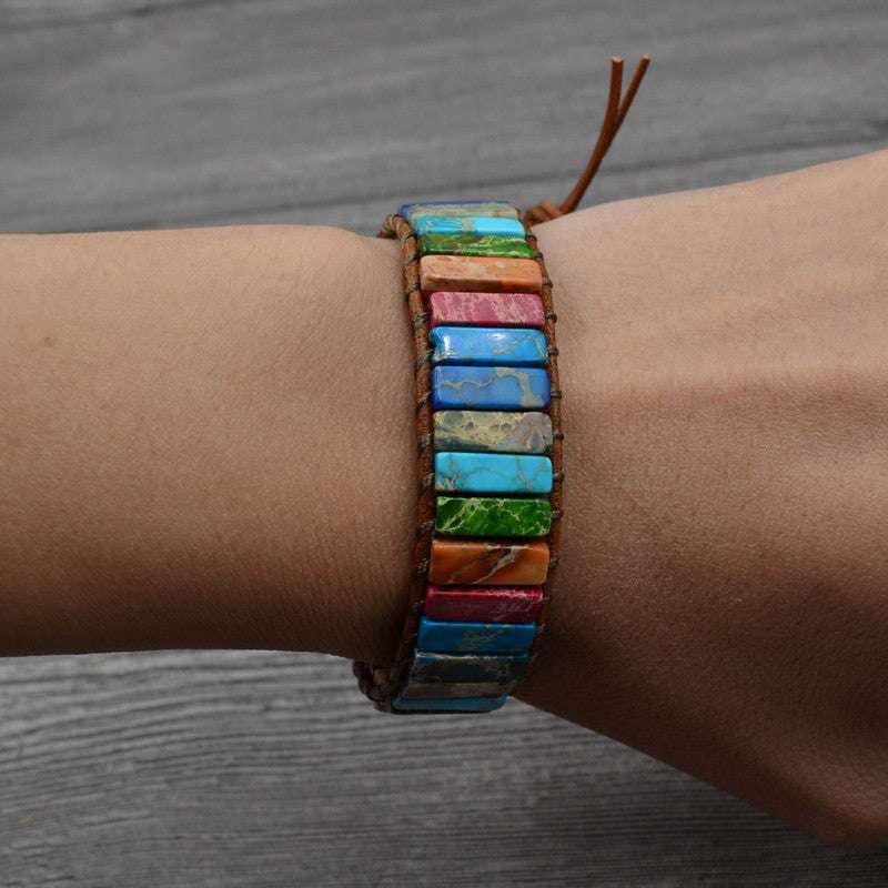 Colored Imperial Stone Hand-woven Single-layer Leather Bracelet: Embrace Ethnic Elegance - Minihomy