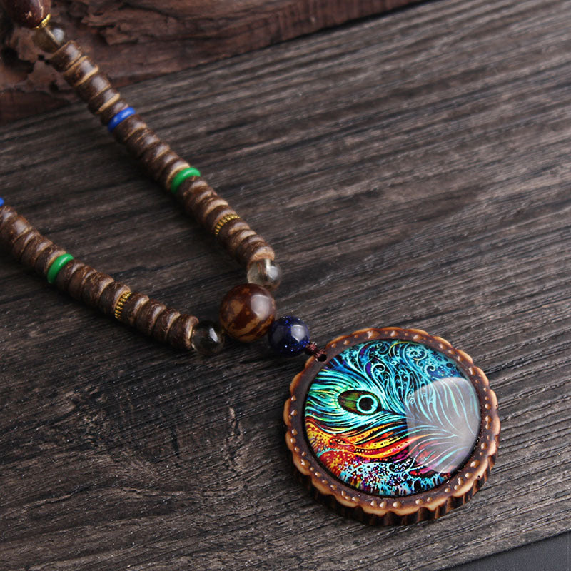 Peacock feather pendant ethnic style sweater chain