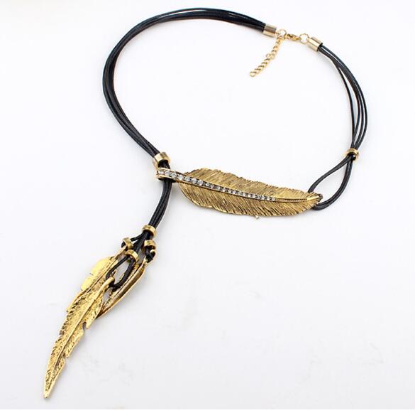 3 Colors Black Rope Multilayer Feather Leaf Tassels Pendant Necklace - Minihomy