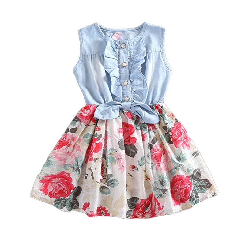 Summer Children Sleeveless Girl Denim Floral Dresses