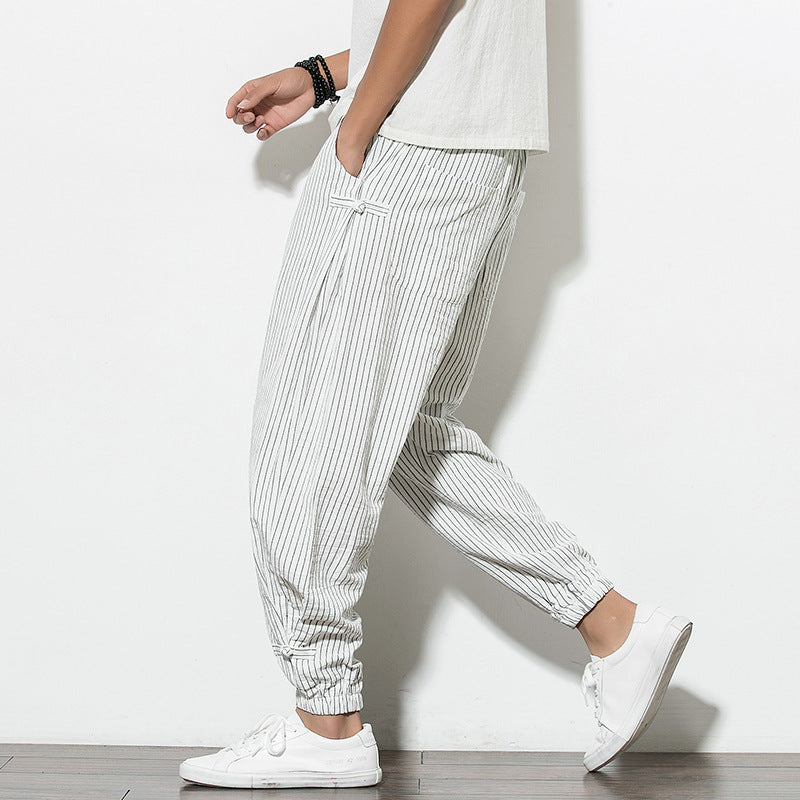 Thin Breathable Cotton and Linen Disc Buckle Casual Harem Pants