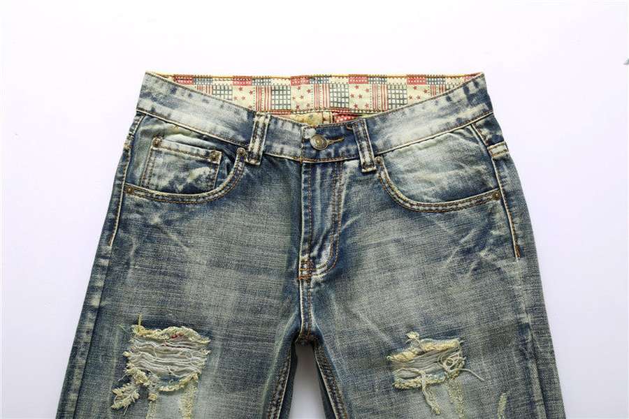 Men's shredded nostalgic jeans flag bottom cloth more worn and washed denim trousers - Minihomy