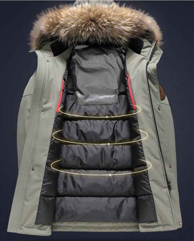 Down Jacket Trench Coat Warm Parka Windproof Large Pockets Big Fur Collar - Minihomy