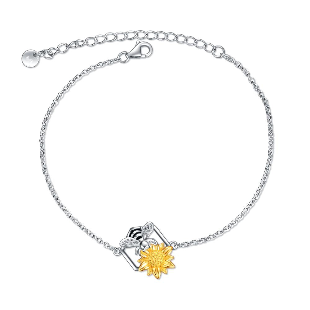 Sunflower Bee Bracelet Sterling Silver Honey Bumble Bee Flower Jewelry Gifts for Women Birthday