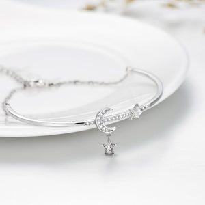 Sterling Silver Moon  Star Bangle Bracelet Embellished with Crystals from Austria