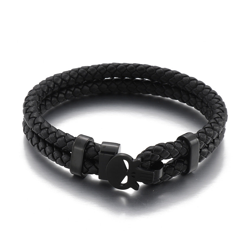 Double Layer Leather Stainless Steel Skull Bracelet