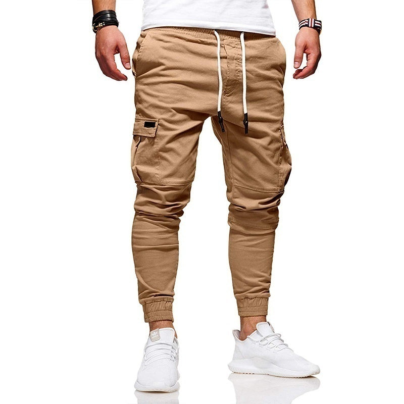 Casual Men Solid Color Multi Pocket Drawstring Ankle Tie Cargo Pants - Minihomy