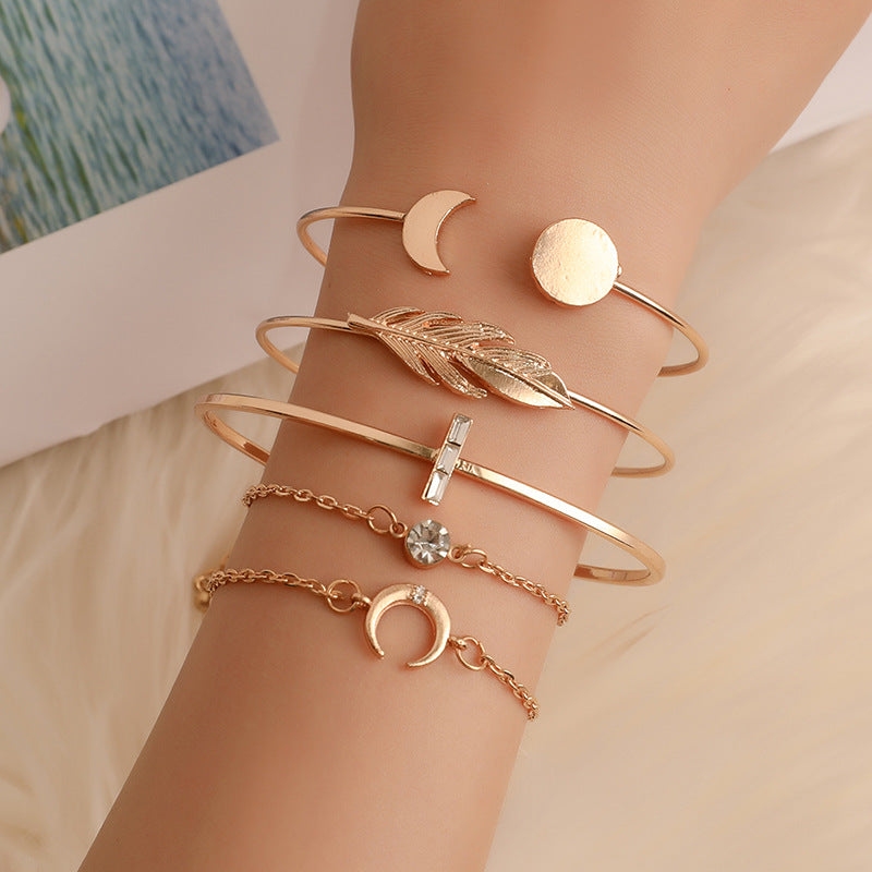 Five Pieces Ladies Bracelets Boho Punk Moon Leaf Crystal Protein Bracelet Set Boho Beach Bracelet Jewelry - Minihomy