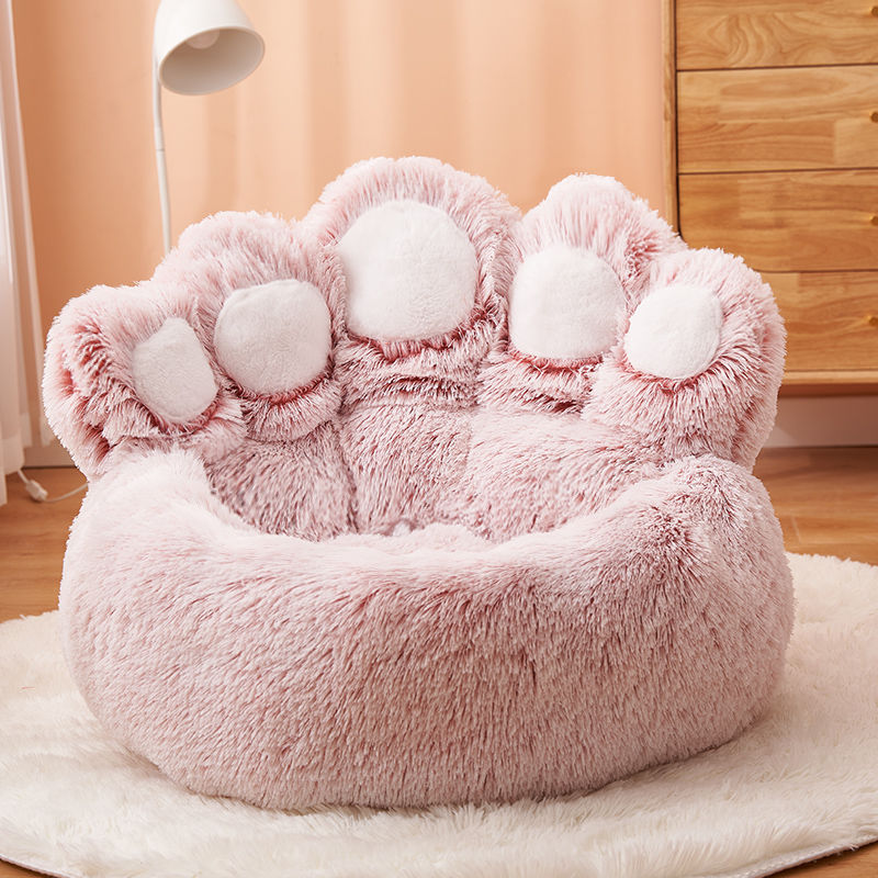 Cozy Bear Paw Pet Bed - Long Plush Round Cat and Dog Mat for Deep, Warm Sleep