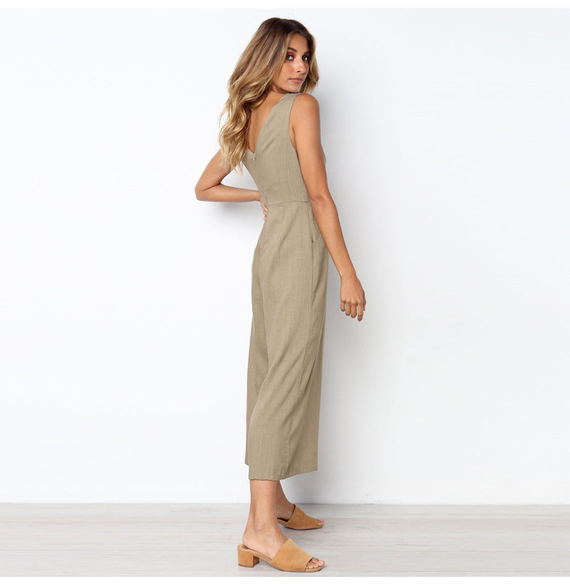 V-neck button backless jumpsuit