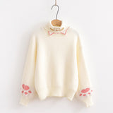 Women's Autumn Half Turtleneck Kitten Embroidered Knit Sweater