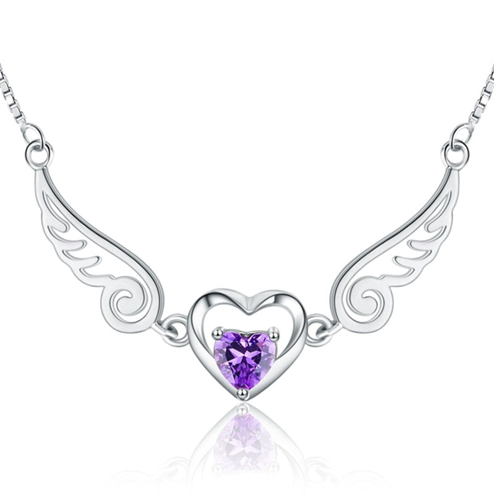 Angel Wings Necklace Pure Silver 925 Jewelry Romantic Purple Crystal Heart Necklaces For Women - Minihomy