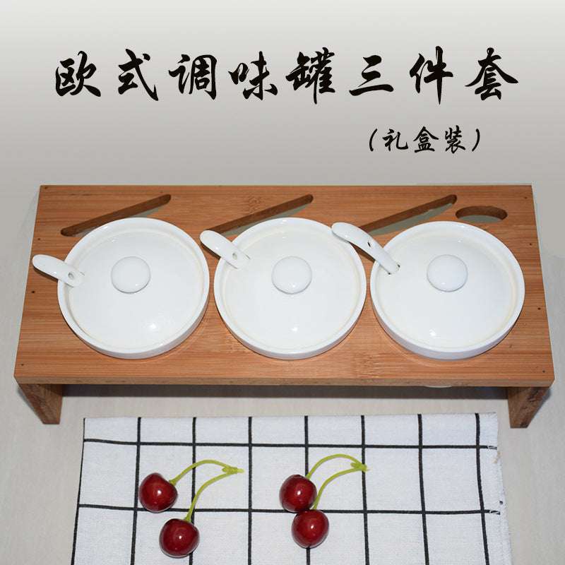 Creative White Bamboo Ceramic Seasoning Cans Three Set With Wooden Gift - Minihomy