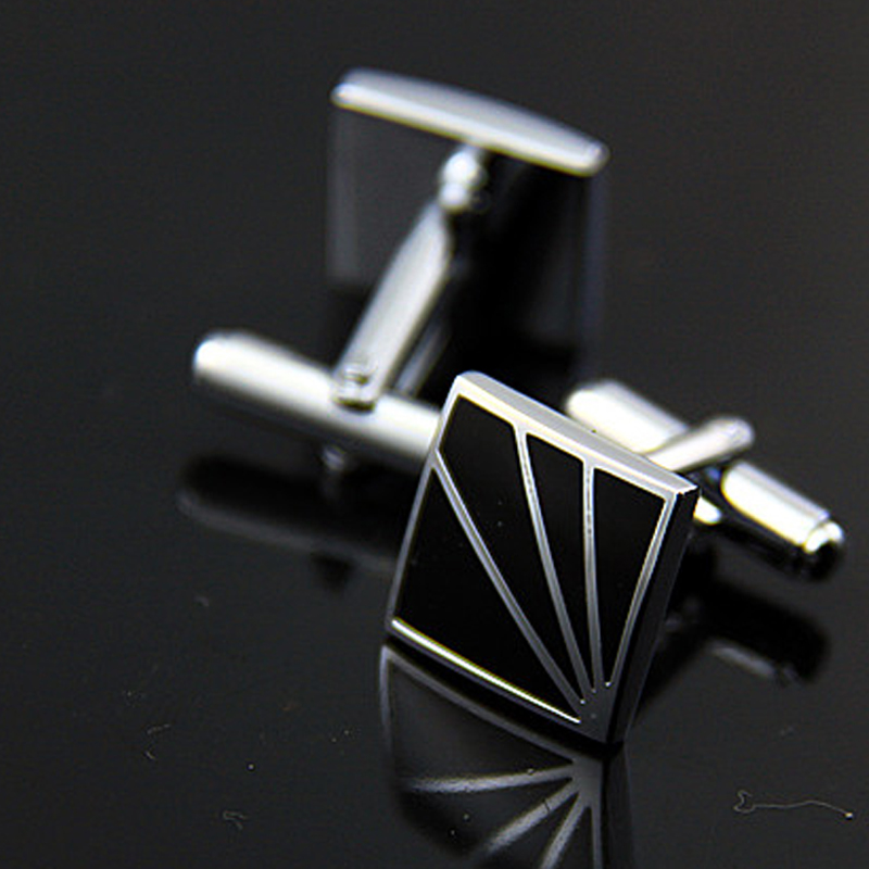 Men's Square Black Enamel White Steel Copper Cufflinks