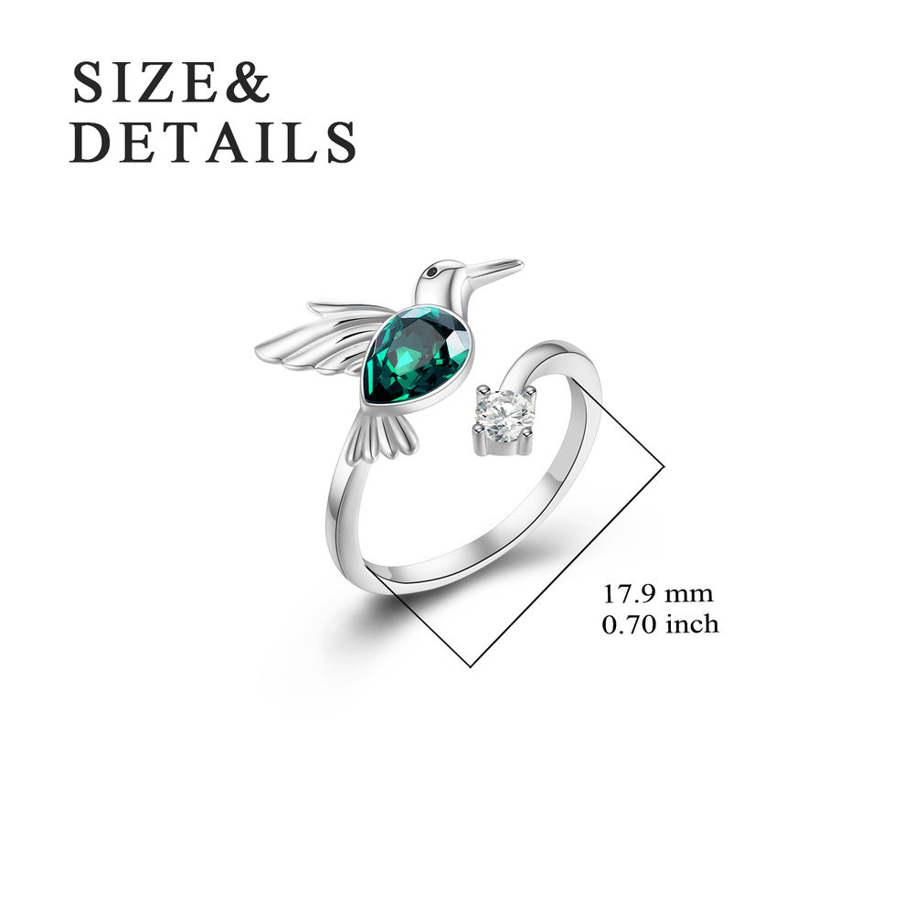 Emerald Green May Birthstone Crystal Ring for Mom Birthday, Sterling Silver Hummingbird Womens Ring Jewelry Gifts - Minihomy