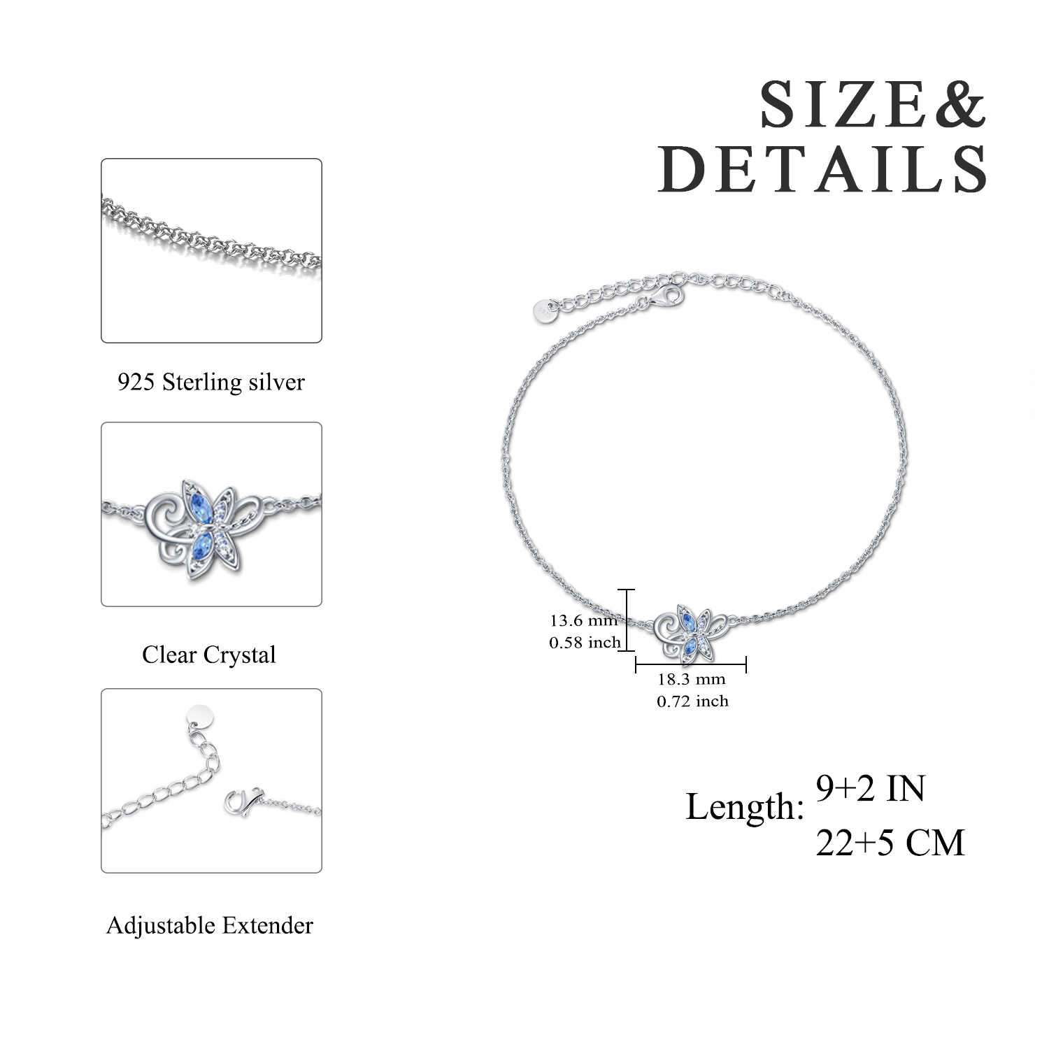 Sterling Silver Anklet with Elegant Crystal Blue Dragonfly