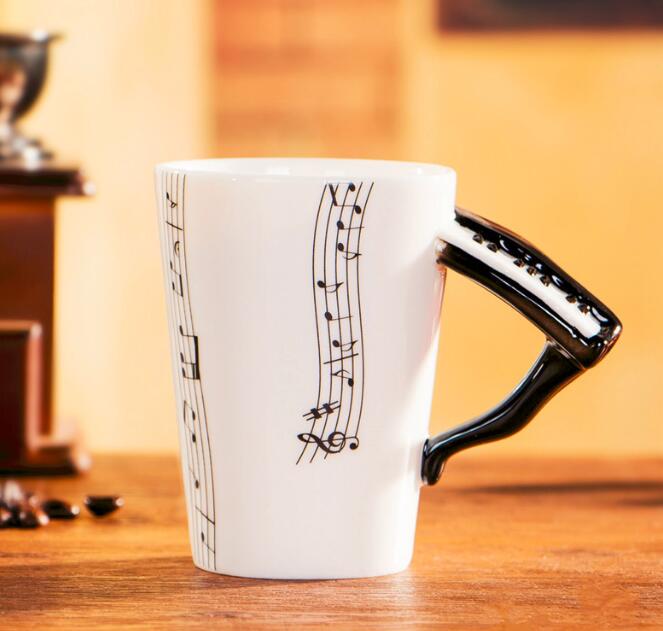 Coffee cup with music notes in the form of saxophone handle ceramic porcelain cup of tea milk method - Minihomy