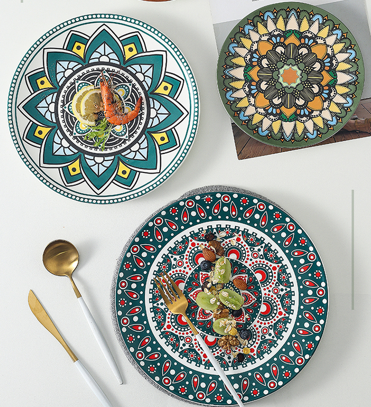 Ceramic Bohemian Tableware Platter Moroccan Pattern Ethnic Flat Plate - Minihomy