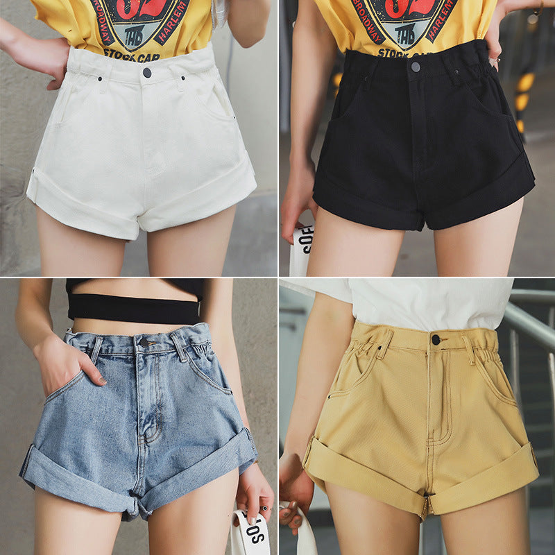 High waist denim shorts female elastic waist cuff wide leg pants shorts