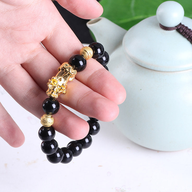 Obsidian 18K Gold Beads Bracelet Men Women