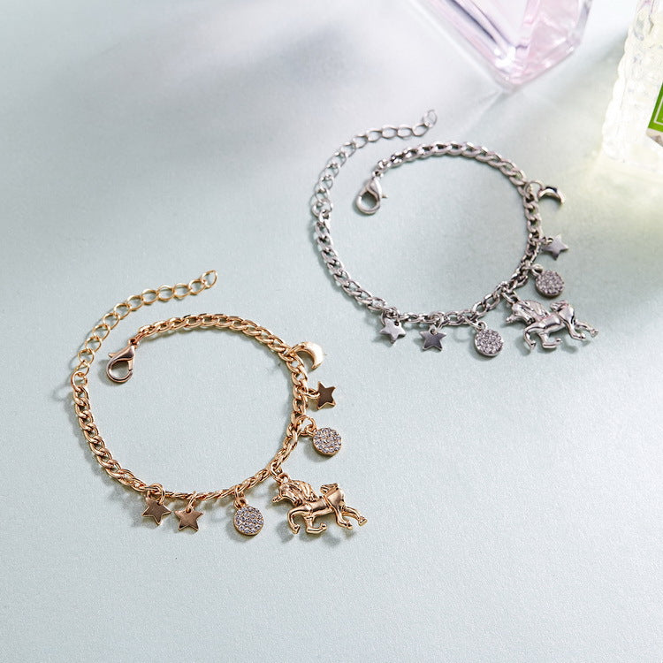 Silver Gold Color Unicorn Charms Bracelet With Moon Star