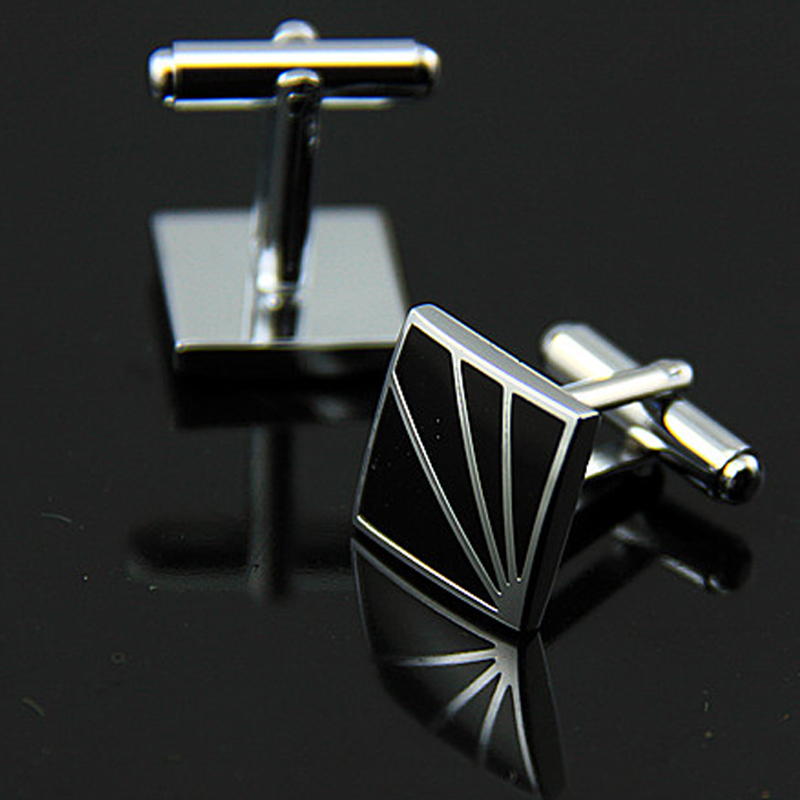 Men's Square Black Enamel White Steel Copper Cufflinks