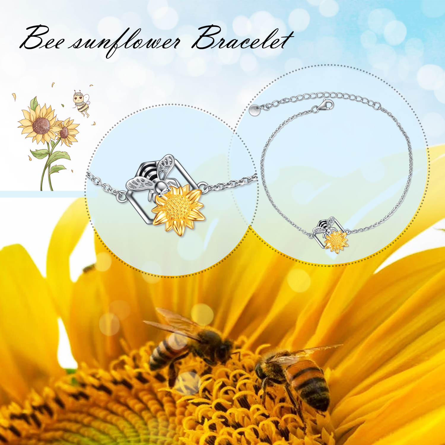 Sunflower Bee Bracelet Sterling Silver Honey Bumble Bee Flower Jewelry Gifts for Women Birthday