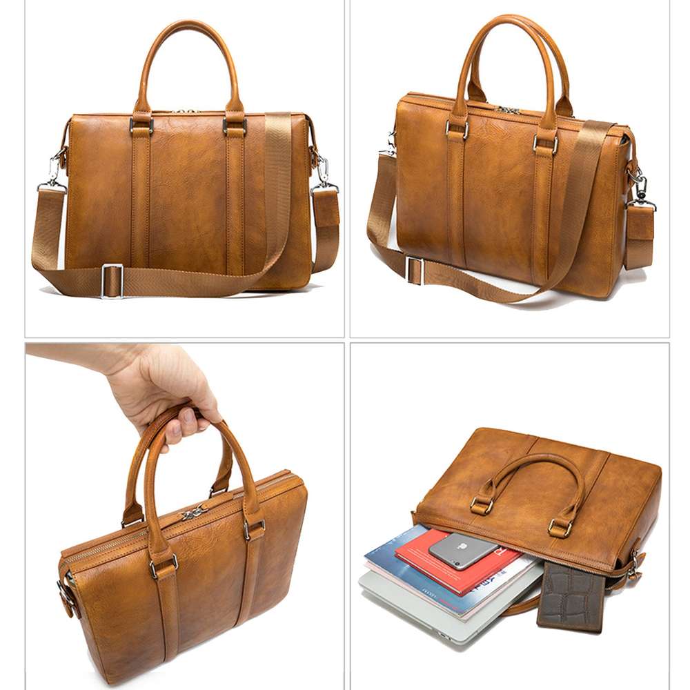 Men's Simple Solid Color Leather Briefcase - Minihomy