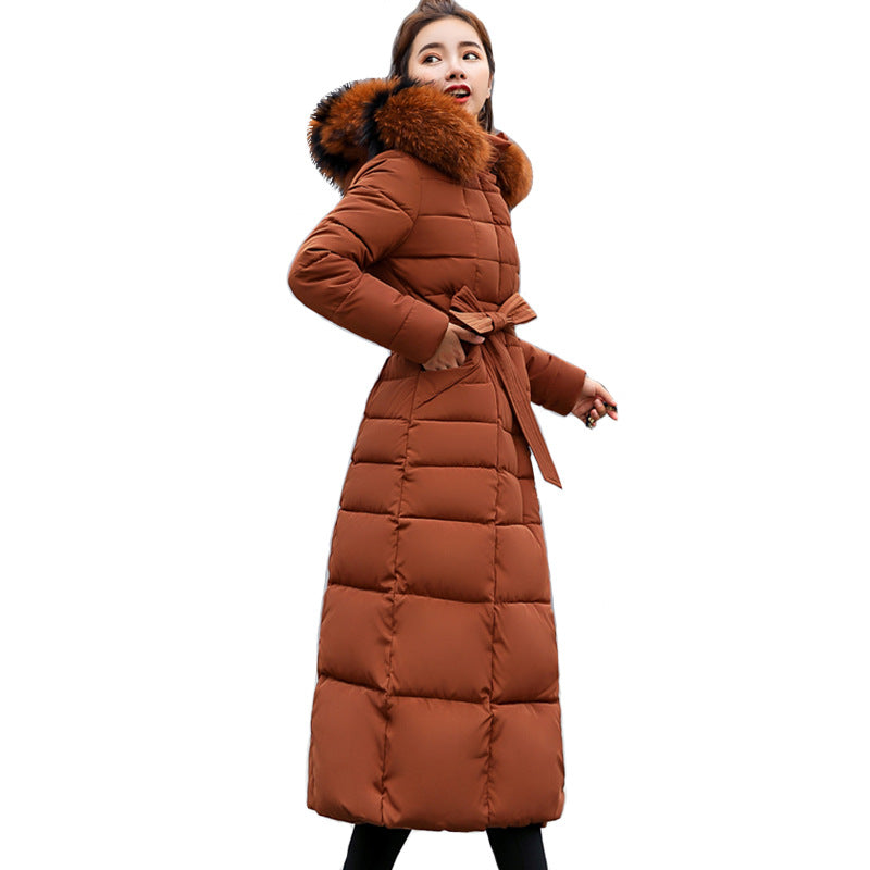 Large fur collar belt winter loose and thick down padded jacket - Minihomy