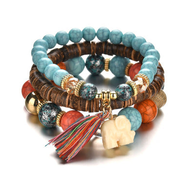 Bohemian Elephant Fringed Pendant Wood Beads Multi-layer Bracelet