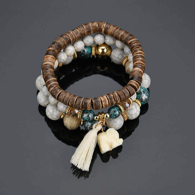 Bohemian Elephant Fringed Pendant Wood Beads Multi-layer Bracelet - Minihomy