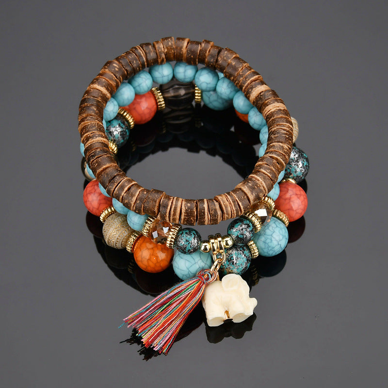 Bohemian Elephant Fringed Pendant Wood Beads Multi-layer Bracelet - Minihomy