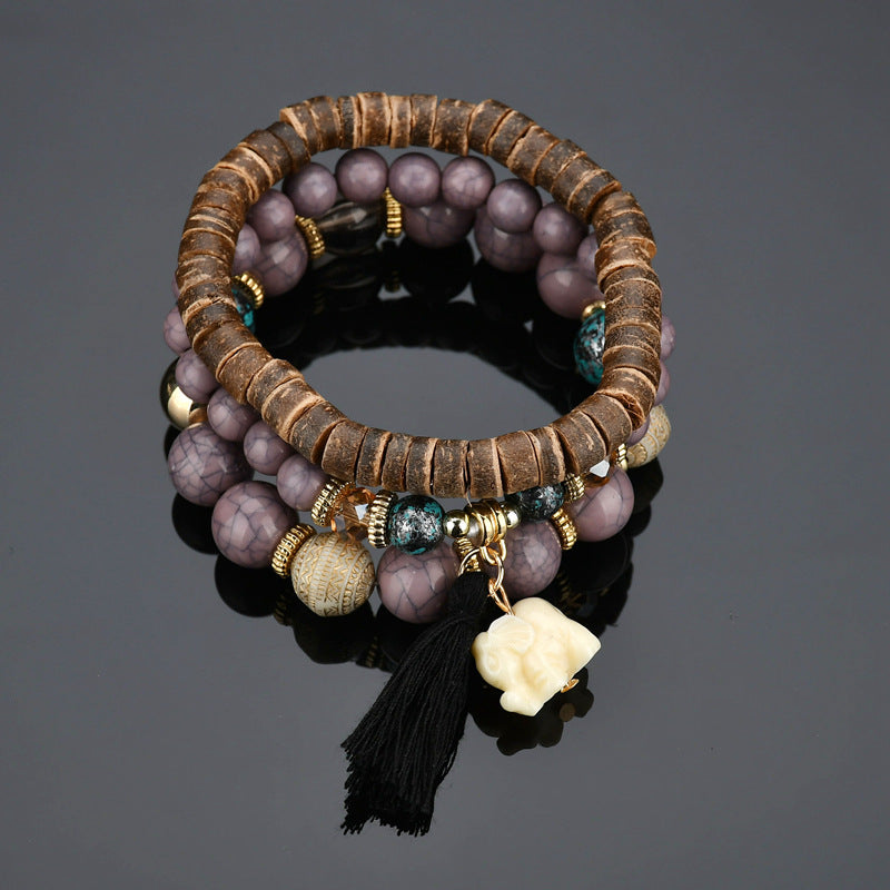 Bohemian Elephant Fringed Pendant Wood Beads Multi-layer Bracelet - Minihomy