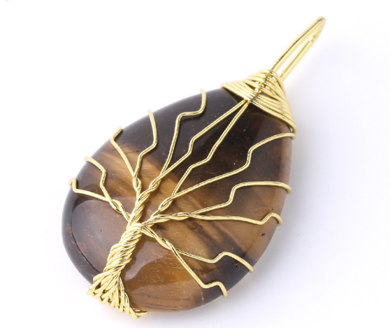 Natural Stone Pendant Gold Color Wire Wrap Gem - Minihomy