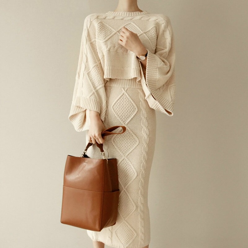 Bat sleeve sweater knitted suit skirt - Minihomy