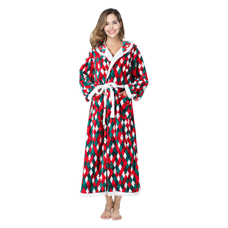 Christmas Sleepwear Women Fleece Hooded Bathrobe Plush Long Robe Winter - Minihomy