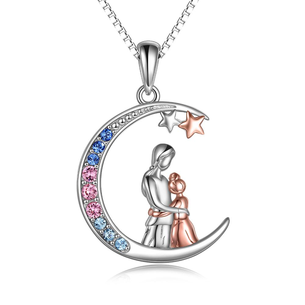 Crescent Moon Family Necklace for Women Teens Sterling Silver Jewelry with Crystal - Minihomy