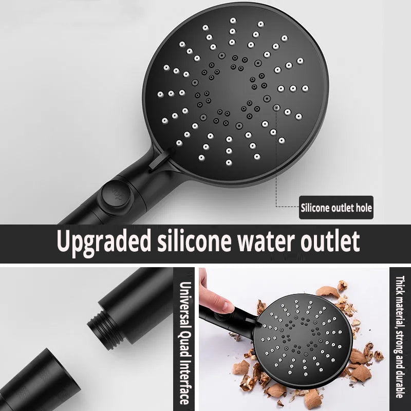 Five-speed Adjustment One-button Water-stop All-black Shower Head