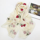 Embroidered Flower Rose Chiffon Ethnic Wind Sunscreen Shawl Beach Gauze Silk Scarf