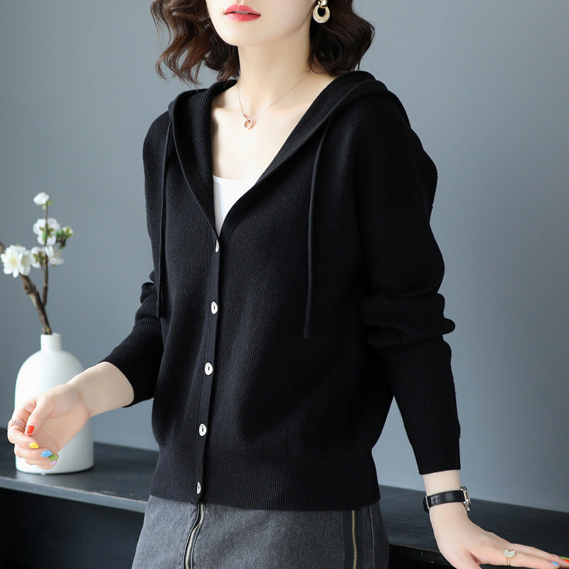 Hooded Sweater Coat Women Long Sleeve Single-breasted Sweaters Clothes - Minihomy